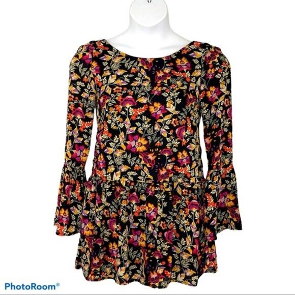H&M Divided Y2K Floral Mini Dress Bell Sleeves Drop Waist Size 4 Vintage Retro - Picture 2 of 15